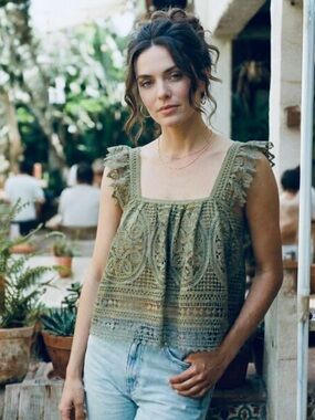 Anthropologie Eri + Ali Olive Ruffled Eyelet Lace Tank Top XS Cottagecore Boho
